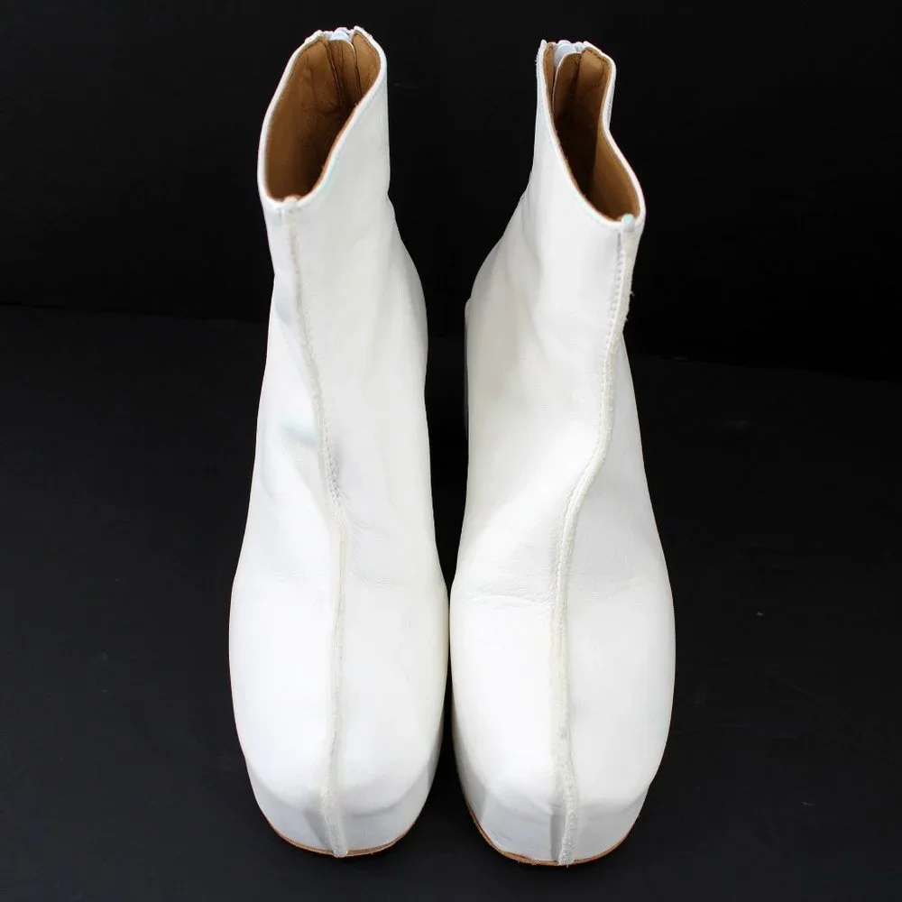 MOMA Platform Boots White Leather Handmade Block Heel Zip Back Seam SZ 39/10